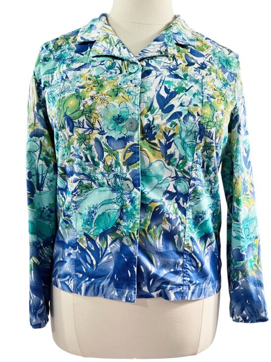 Coldwater Creek Jackets & Blazers - Coldwater Creek Blue Teal Floral Watercolor Line Art Jacket Artsy Art to Wear